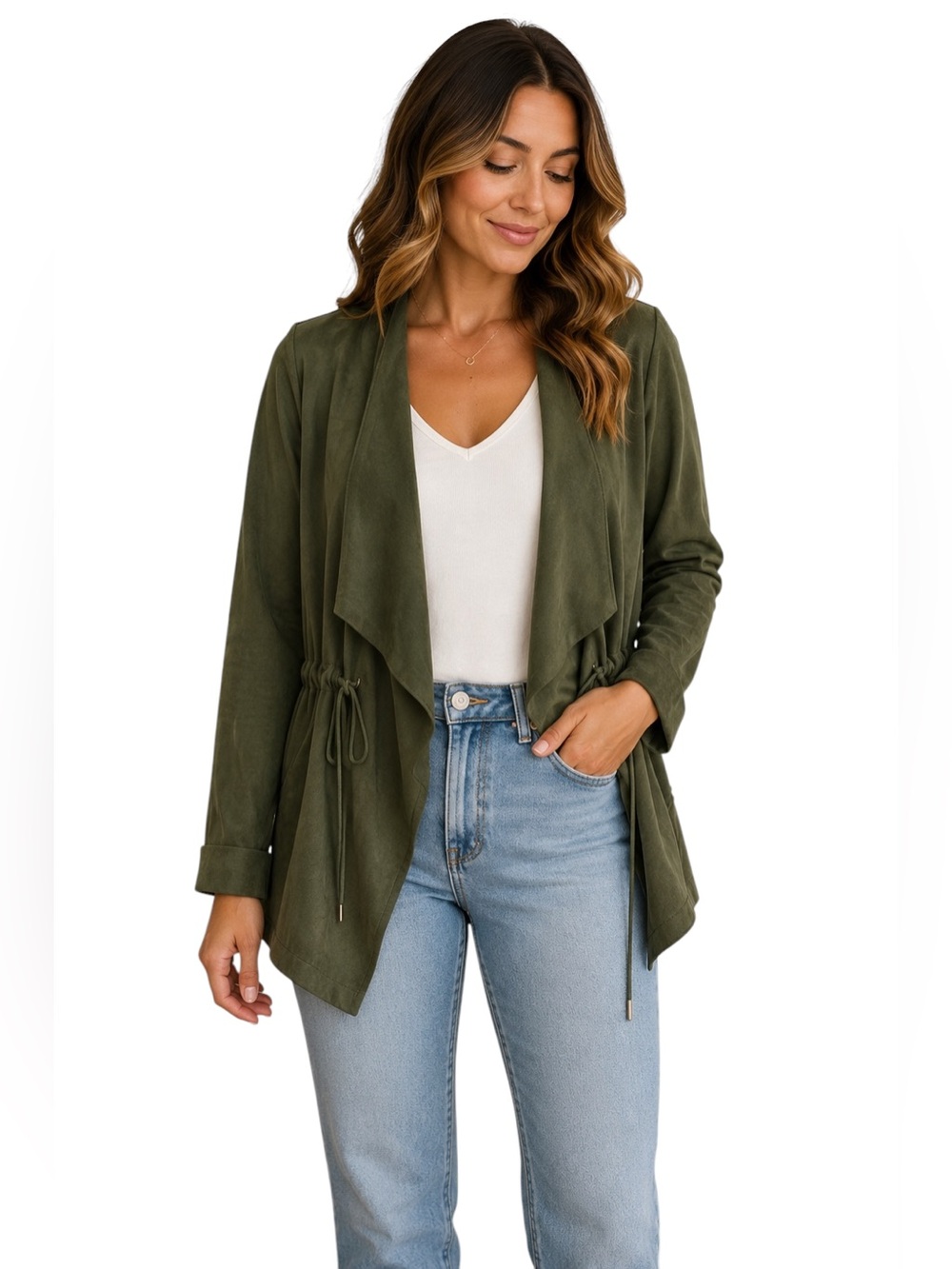 BLANKNYC Olive Green Faux Suede Draped Open Front Drawstring Jacket XL EUC - Picture 3 of 12